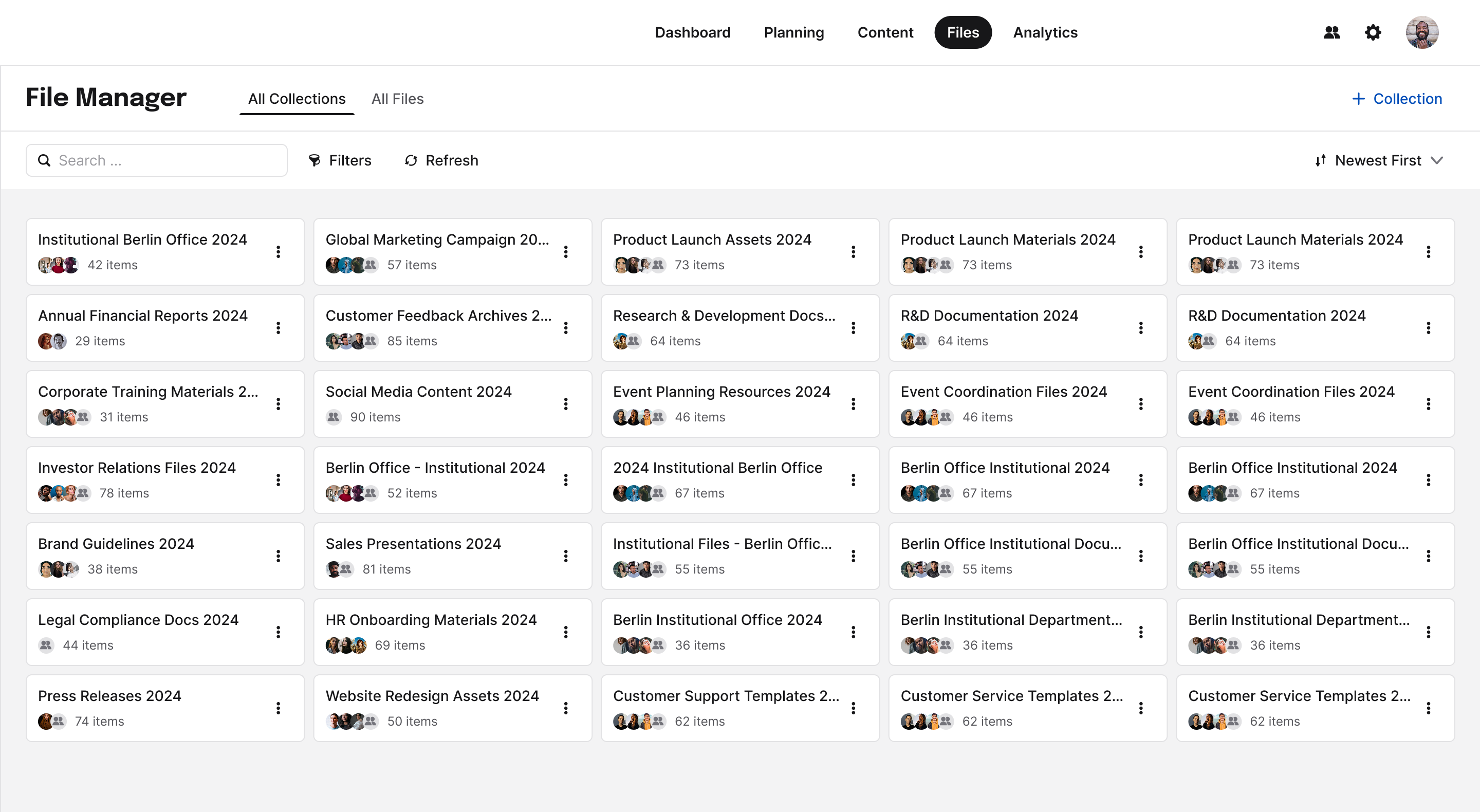 File Manager admin interface showing the All Collections view: a grid of named collections, each with member avatars and an item count.