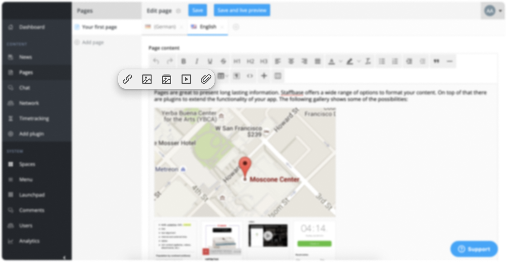 The original Experience Studio editor and its cluttered media upload flow