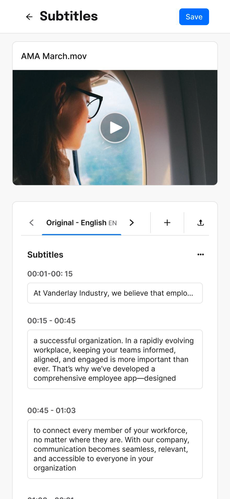 The subtitle editor: an AI-generated English transcript of a video, split into timestamped, editable blocks ready for review and correction.